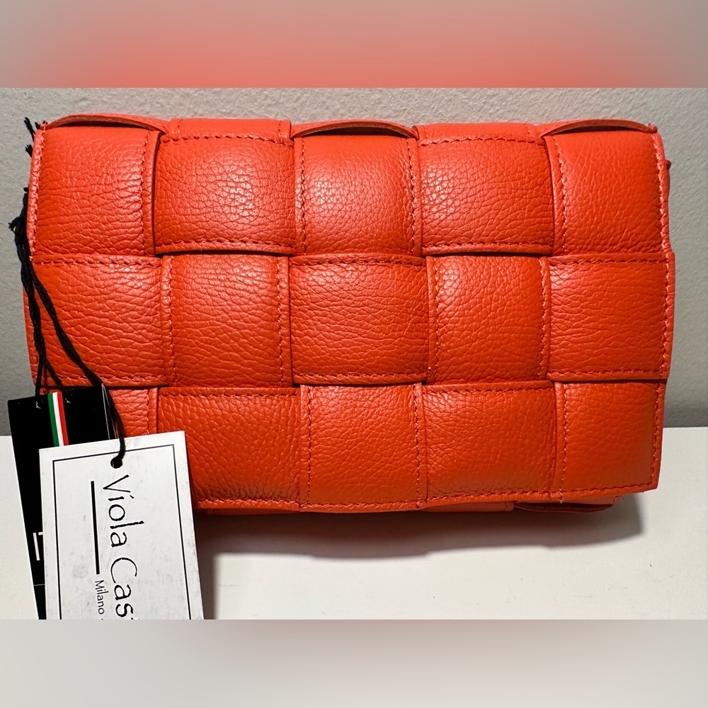 VIOLA CASTELLANI Papaya Leather Padded Woven Crossbody Made In Italy